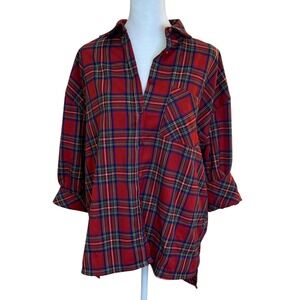 Tuckernuck MacLeod Plaid Button Down Shirt Red Plaid Womens XS Oversized Preppy